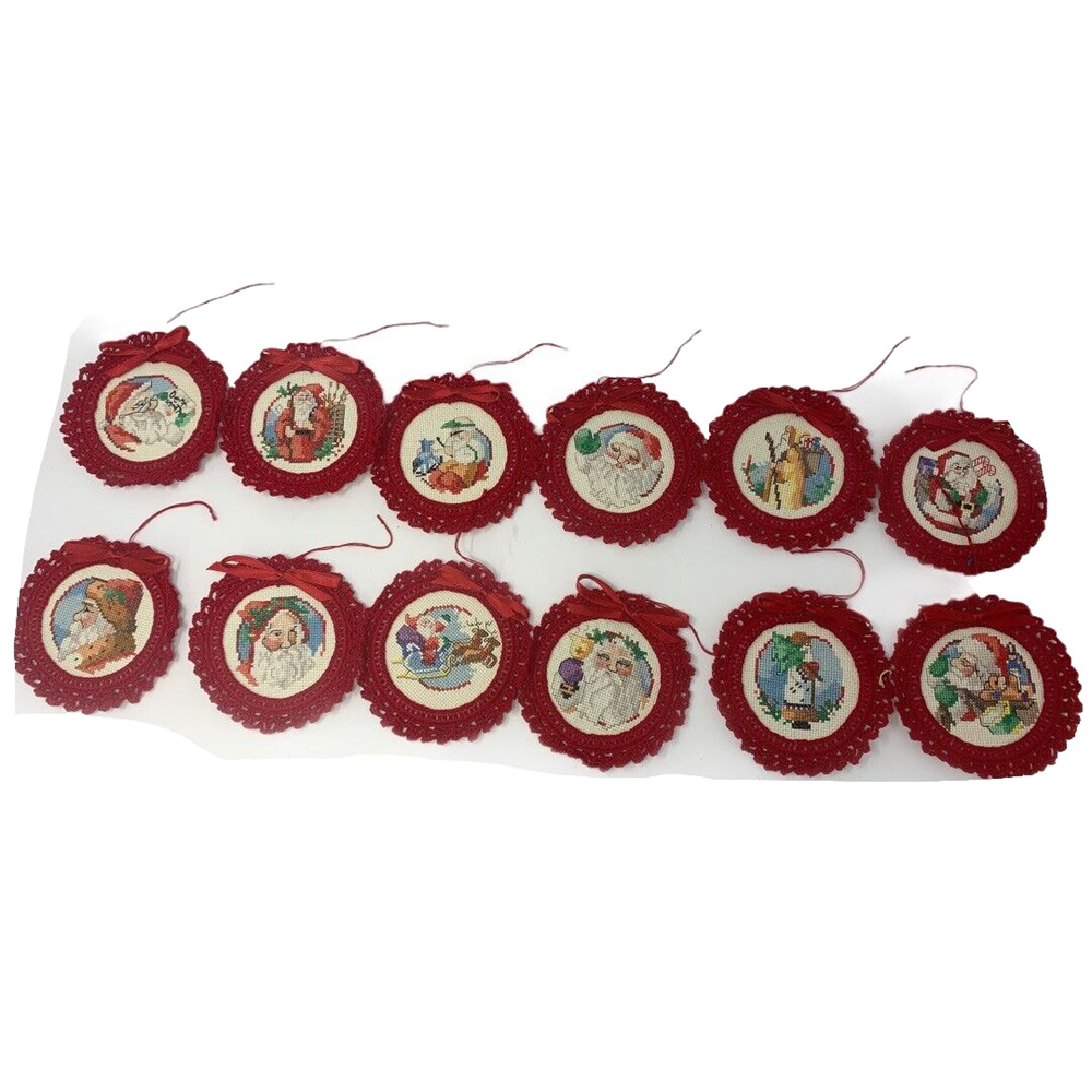 Vintage‎ Handmade Cross Stitch Crochet Christmas Santa Ornaments Lot of 12